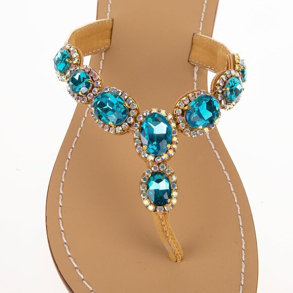 Women's Green Rhinestone Upper Flat T Strap Thong Flip Flop Sandals Shoes - Picture 2 of 5